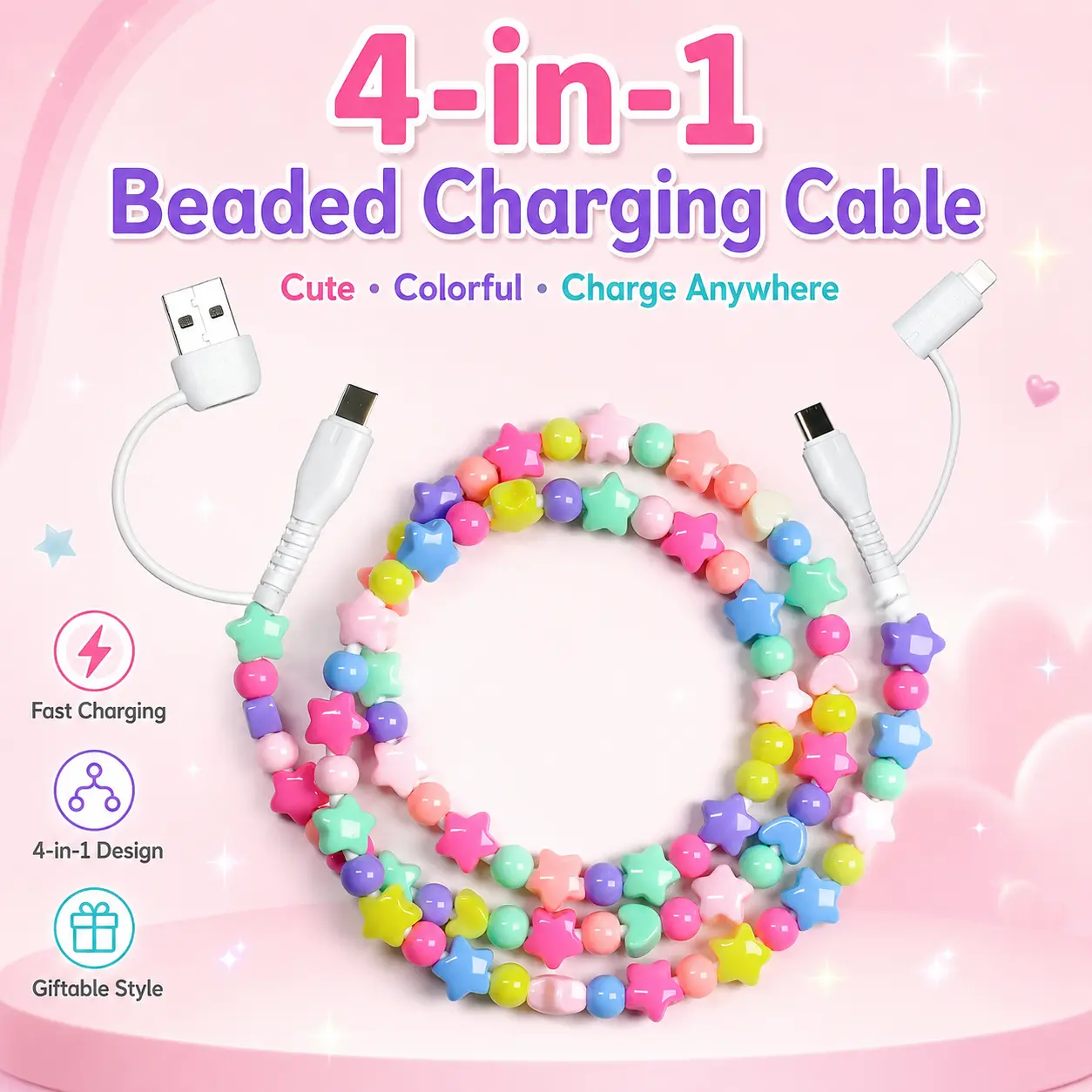 Pearl-Decorated Charging Cable - USB C Cable 4 in 1 Multi Beaded for iPhone Charger Cord MFi Certified 3.3FT Fast Charging Cable 66W Chubby USB A Type C IOS Cable Compatible with iPhone 16 15 14 Pro Max/iPad/Galaxy S25 Colored