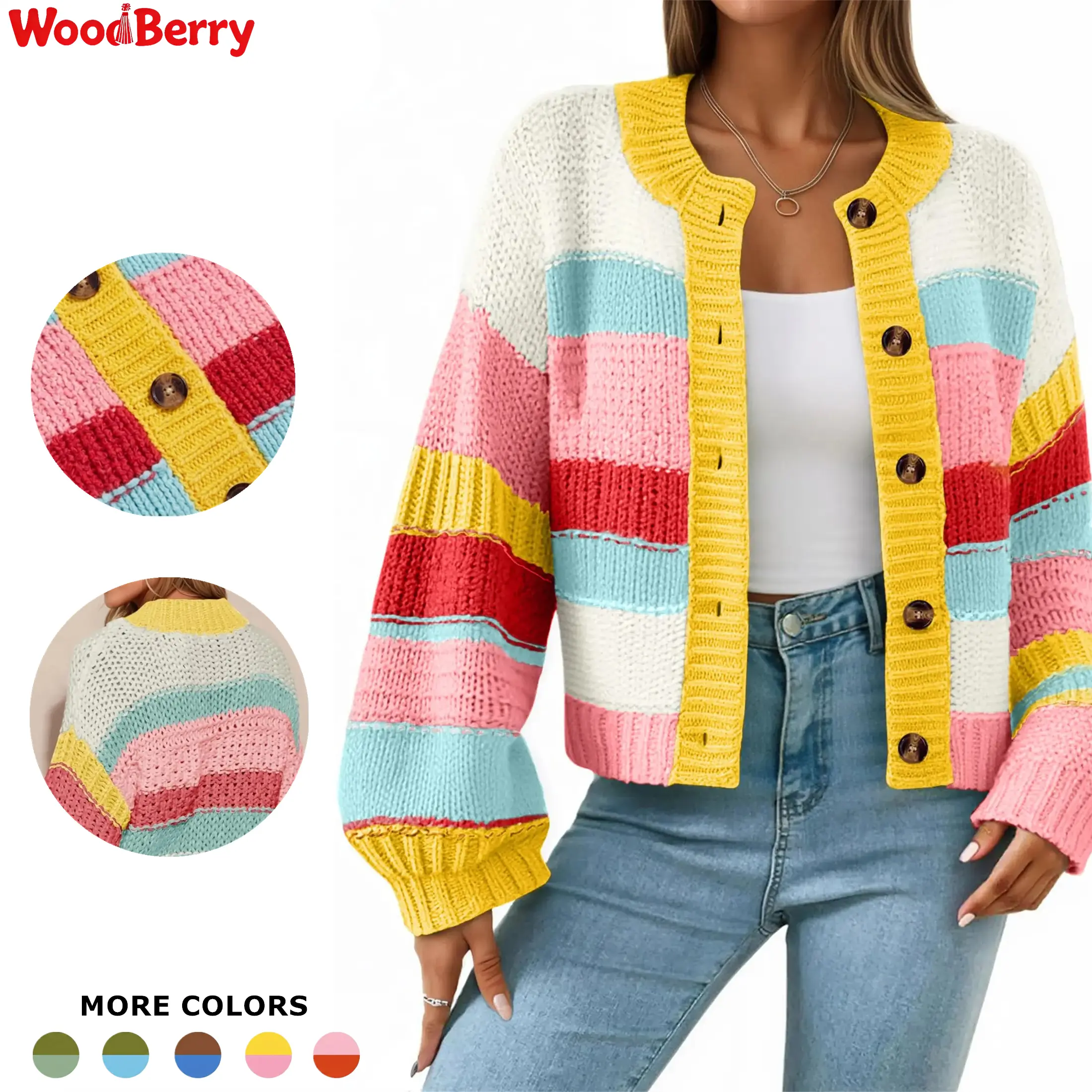 WoodBerry Women's Striped Chunky Button-Up Color Block Long-Sleeve Knitting Cardigan, Casual Streetwear Open Front Top (Cardigan for Women), Casual Streetwear Top