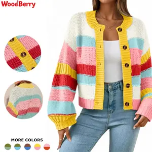 WoodBerry Women's Striped Chunky Button-Up Color Block Long-Sleeve Casual Knit Cardigan Sweater Coat,summervibes