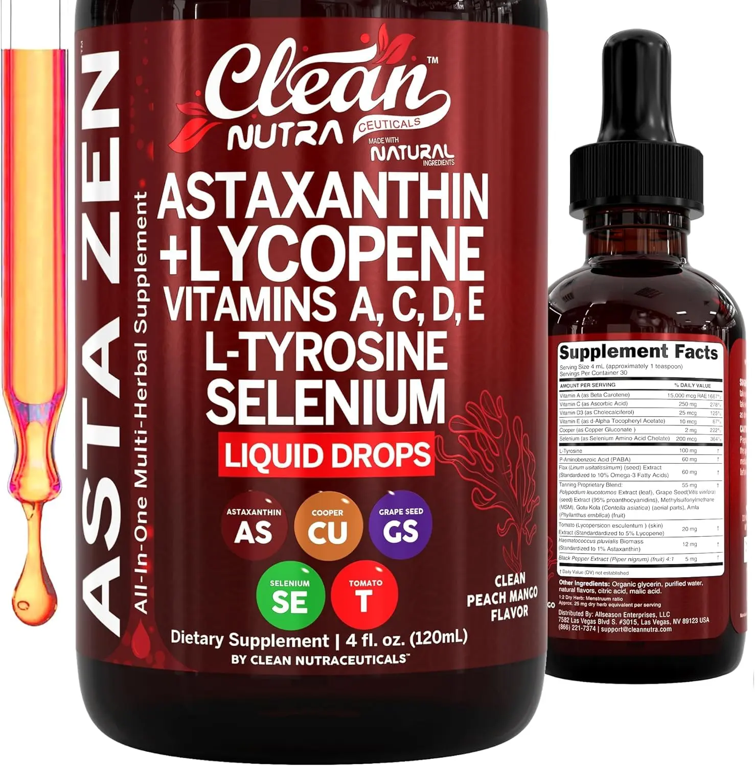 Clean Nutra Astaxanthin, Lycopene, Vitamins A C D3 E, Selenium, & Gotu Kola for Skin Health & Antioxidant Support Liquid Drops – Asta Zen