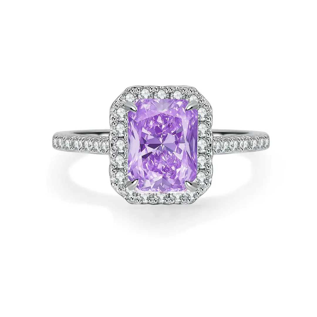 【D3】Colorful Square Cubic Zirconia Ring | 7x9mm Halo Design with White Zirconia | Purple/Pink/Pariba Blue Options