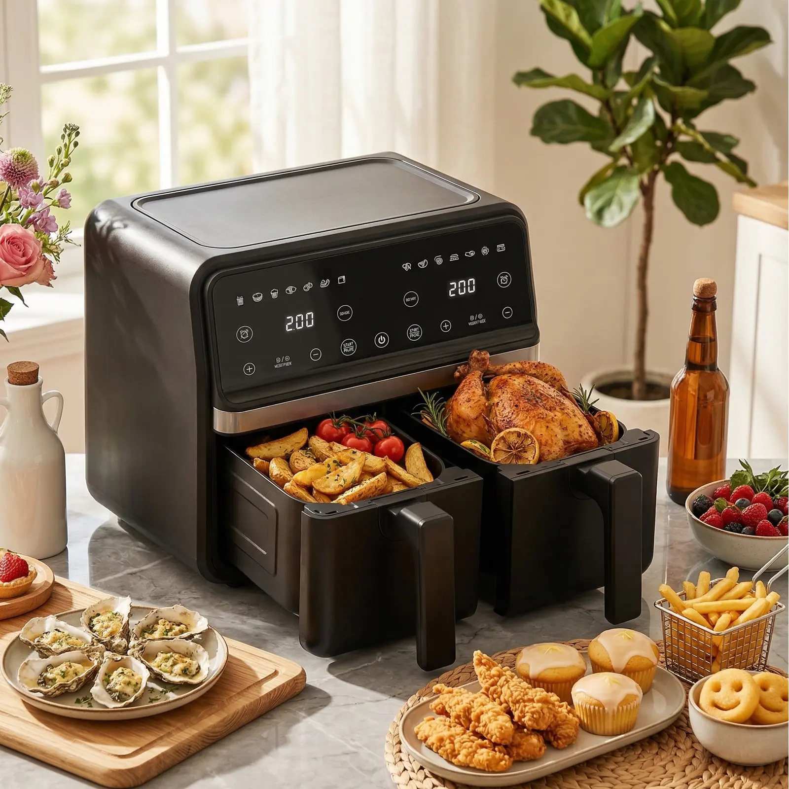8.5 Quart Dual Basket Air Fryer - Digital Touchscreen, Smart Sync Finish,Auto Shutoff, 2 Independent 4QT Nonstick Dishwasher-Safe Frying Baskets - Digital Double Air Fryer