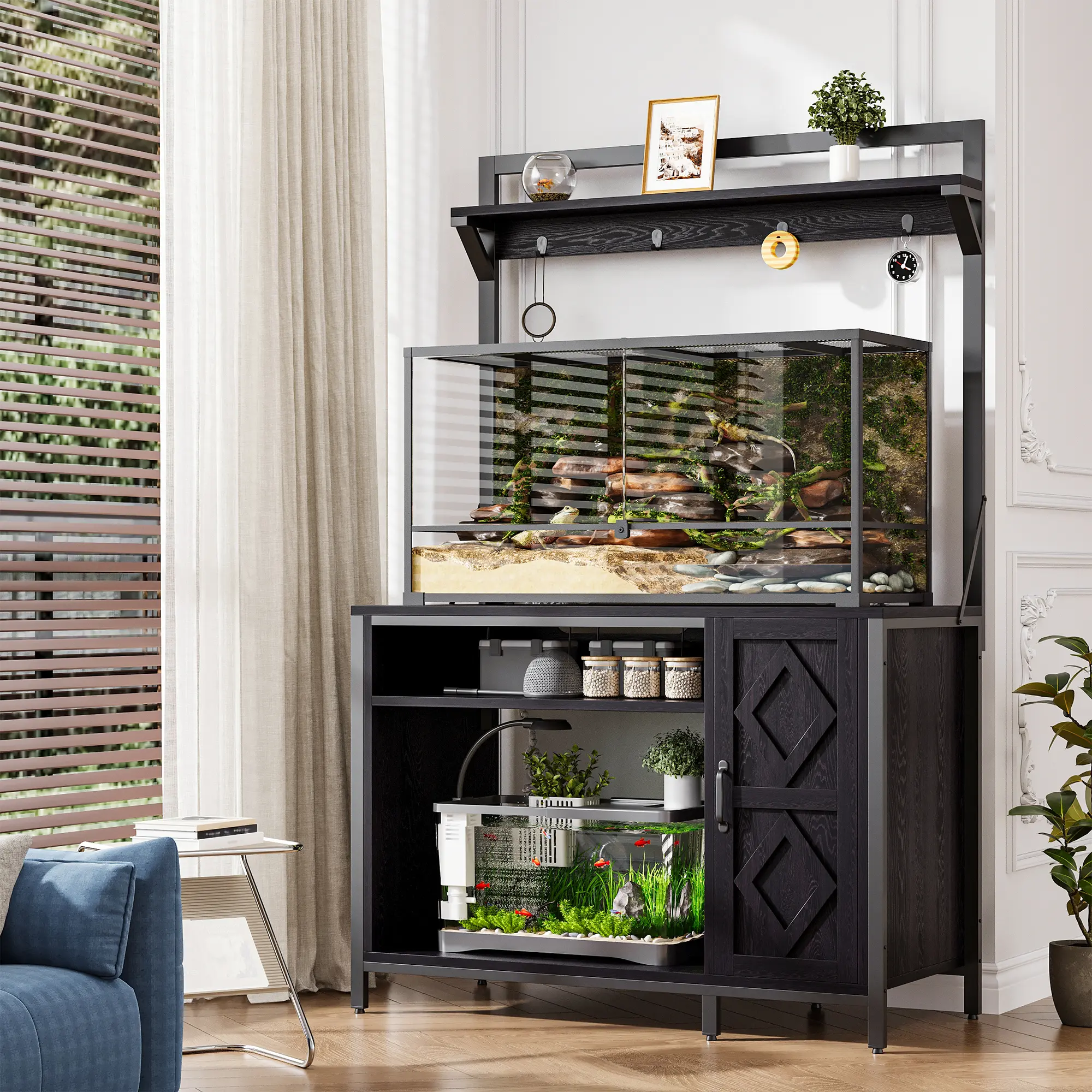 Heavy Duty 75-120 Gal Diamond Aquarium Stand with Metal Frame, Power Outlet, Shelf, 4 Hooks, Contemporary Home Decor & Power Supply, 900lb Capacity for Fish Tank, Turtle Tank Reptile Terrarium Storage & Display