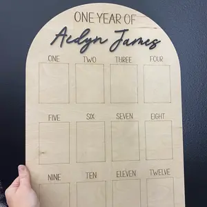 Natural Wood One Year Baby Picture Board with Acrylic Nameplate - Home Decor Plaque & Keepsake Gift Wood Sign Photo