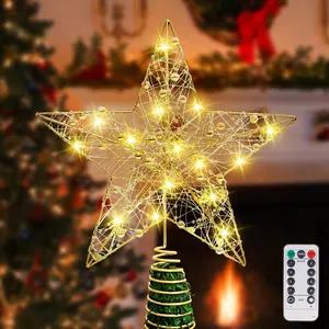 Gold Christmas Tree Topper Star with 20 LED Warm White Lights and Pearl Beads, Remote Control Star Tree Topper for Christmas Tree Decorations and Xmas Holiday Seasonal Décor, Battery Required