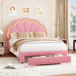 YJ-Garvee Full Size Upholstered LED Bed Frame with Storage Drawer and Adjustable Chic Headboard, Teddy bear fabric Princess Platform Bed, Solid Wood Support, No Box Spring Needed, Easy Assembly, Pink
