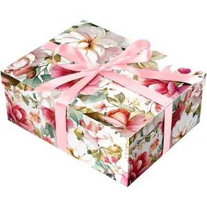 Flower Design  Box with Lid for Present Large Collapsible  Box with Filler Paper Ribbon for Birthday Anniversary 12.6x9.8x4.9