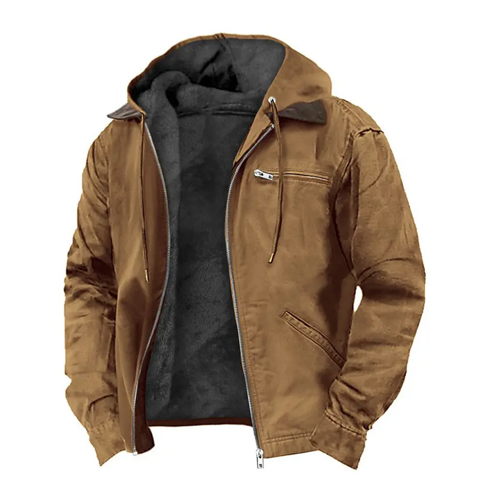 Men’s fleece-lined canvas work jacket with hood, warm winter outerwear with multiple pockets, casual streetwear jacket