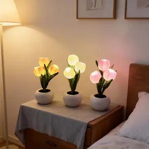 Tulip Lamp Lights Battery Powered LED Simulation Tulip Night Light With Vase Table Lamp Ornaments For Home Living Room Desktop Decor Best Mother's Day Gift