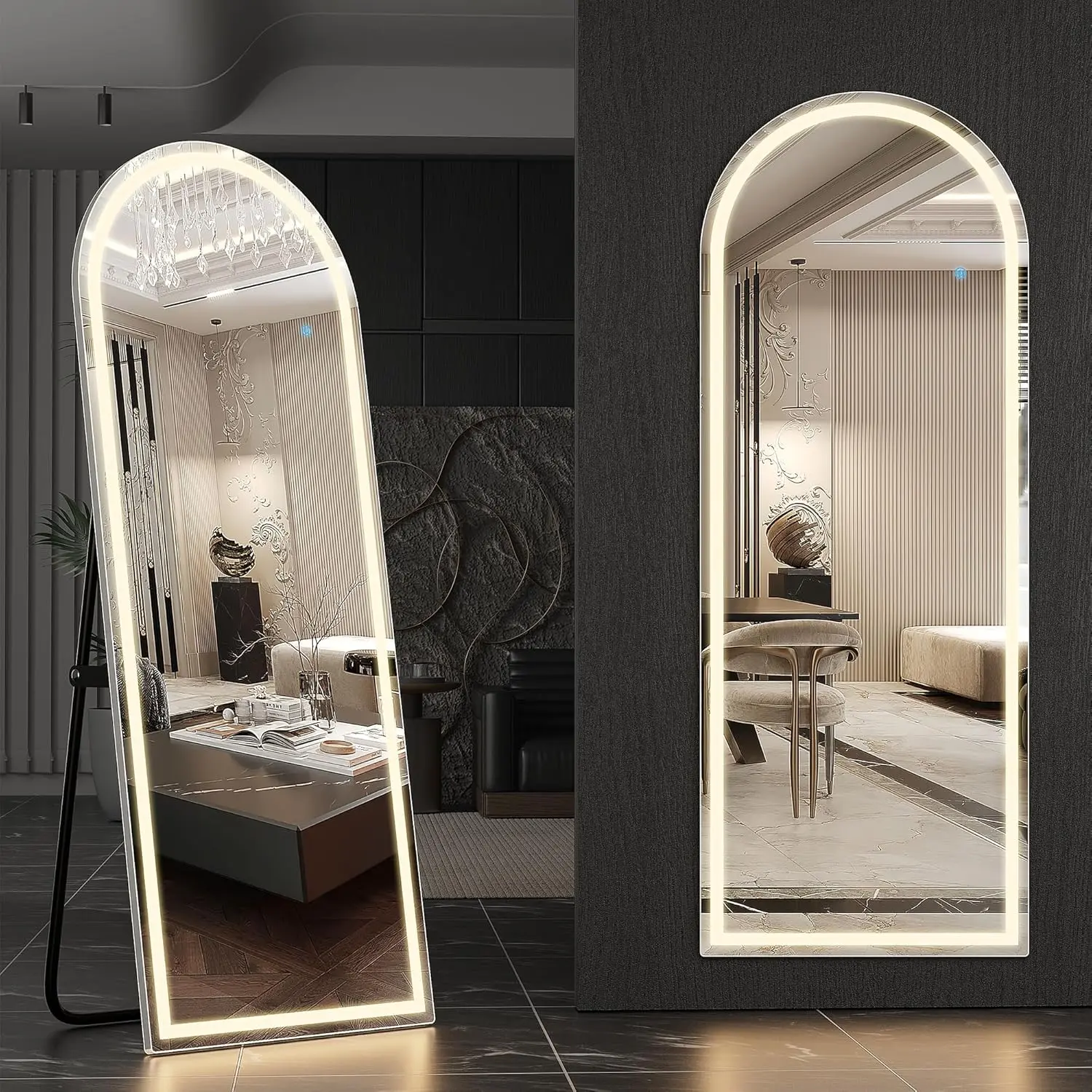 White LED Full Length Mirror with Stand – 3 Color Dimmable Lights, 2 Size Options, Arched & Rectangle Styles, Wall Mounted or Floor Mirror for Bedroom, Closet & Vanity