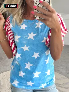 Summer Casual Star Print Patchwork Colorblock Loose Short Sleeve Top, Comfortable Daily Wear, Trendy Street Style Clothing, Womenswear Streetwear