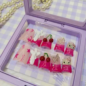 Bubblegum Baddie Duck Nails – 10pc Duck/Flare Press On Set | Hot Pink Panels, 3D Bows, Cherries & Butterflies