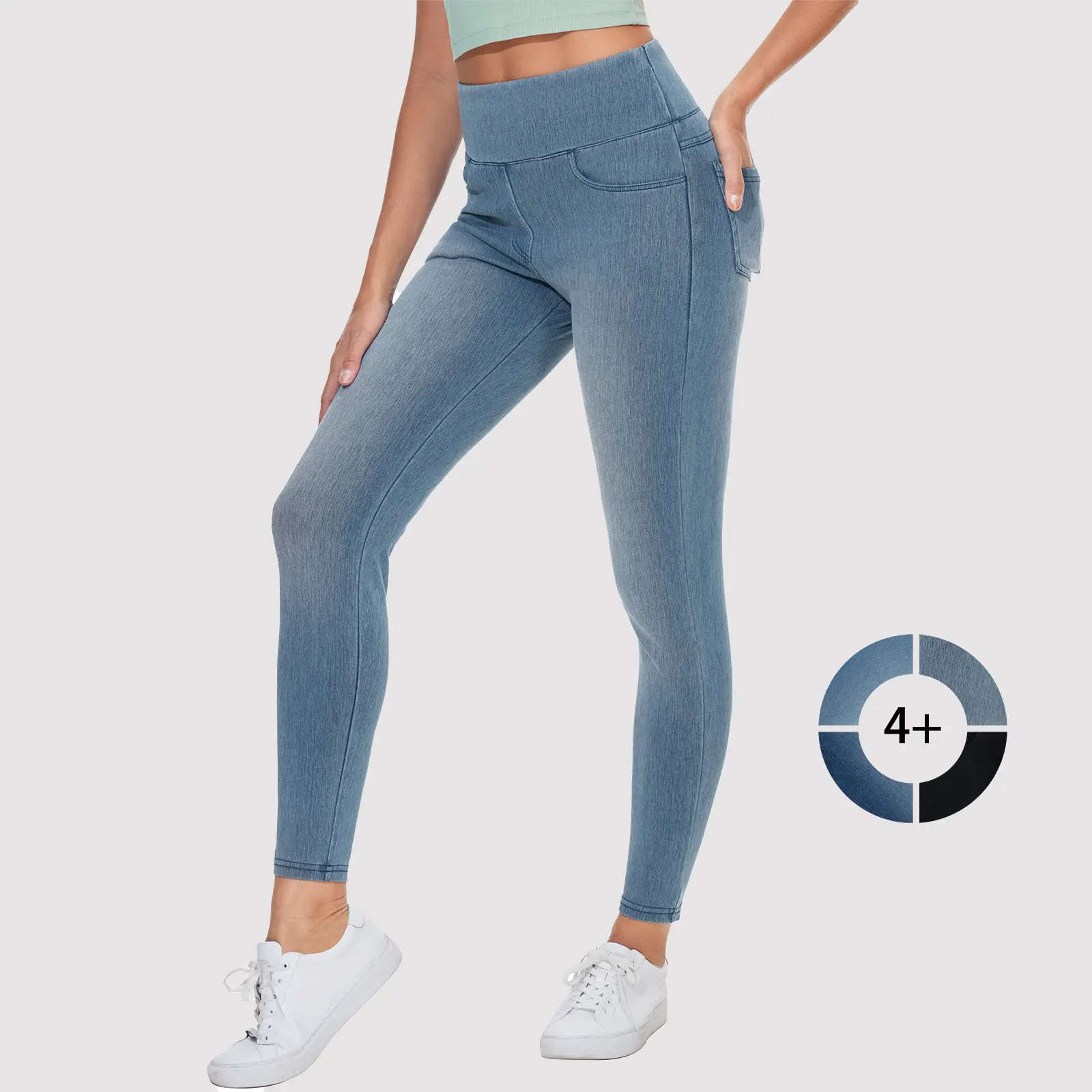 THE GYM PEOPLE Women's High Waisted Jeggings Pants Slimming Stretchy Tummy Control Skinny Jean Leggings with Pockets Basic Slim stacked jeans Womenswear Trouser Bottom Denim