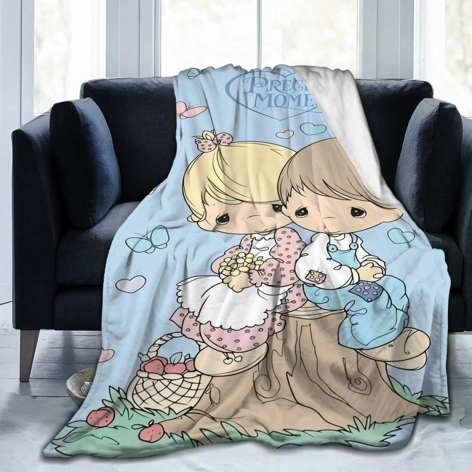 Precious Moments Cartoon Print Flannel Cozy Blanket Throw - Soft Microfibre, Lightweight Softness, Wrinkle Resistant, Multi-Size, Retro Classic, Machine Washable, Decorative Bedding for Sofa, Travel, All Seasons