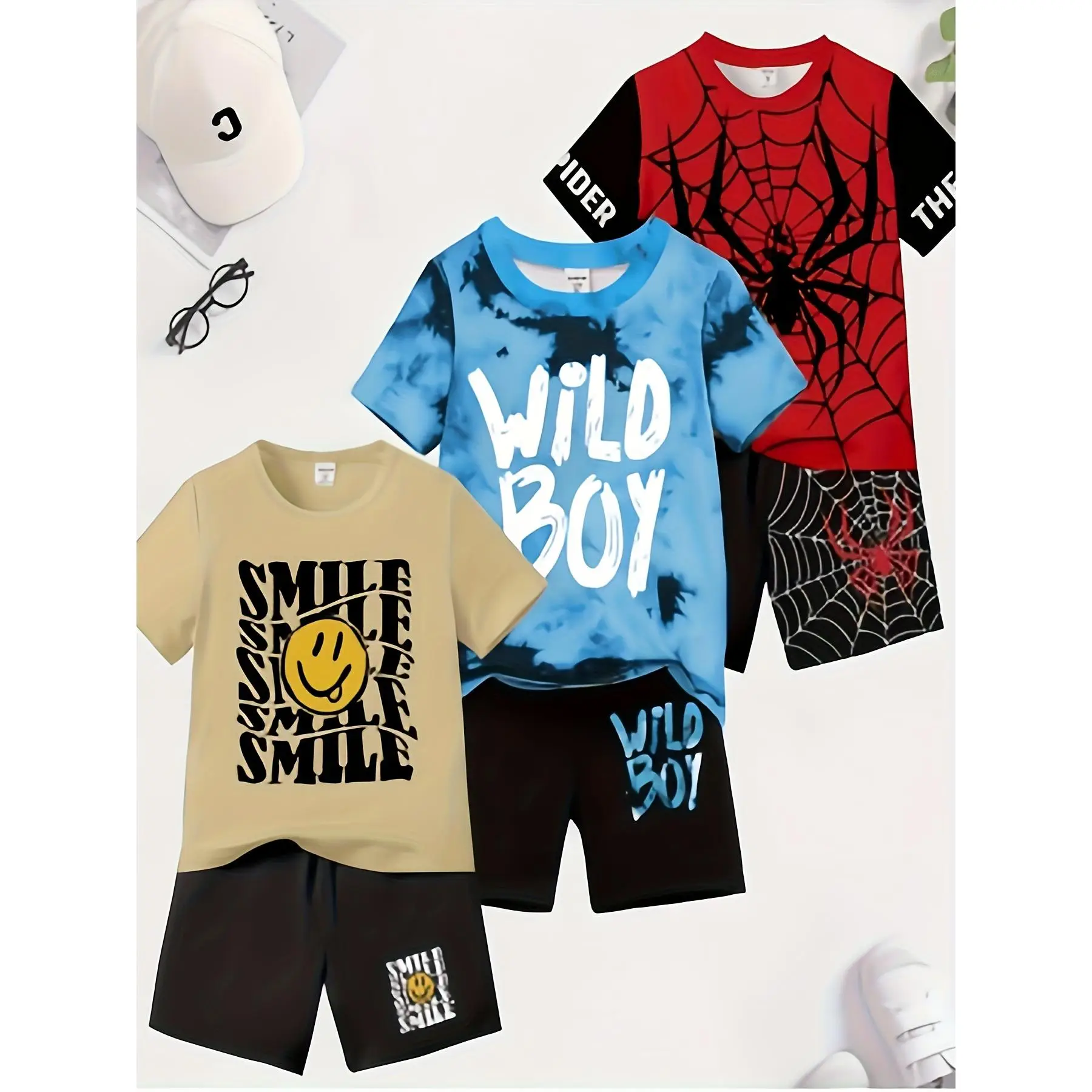 Summer Clothes Set of 6pcs for Boys - 3 Sets of Digital Print T-Shirts & Shorts with Fun Faces and Cool Letters in Polyester Material
