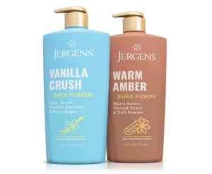 Jergens Shea Fusion Body Lotion Dual Pack, Moisturizer with Shea Butter and Vitamin E, Vanilla Crush 14 fl oz and Warm Amber 14 fl oz, Pack of 2