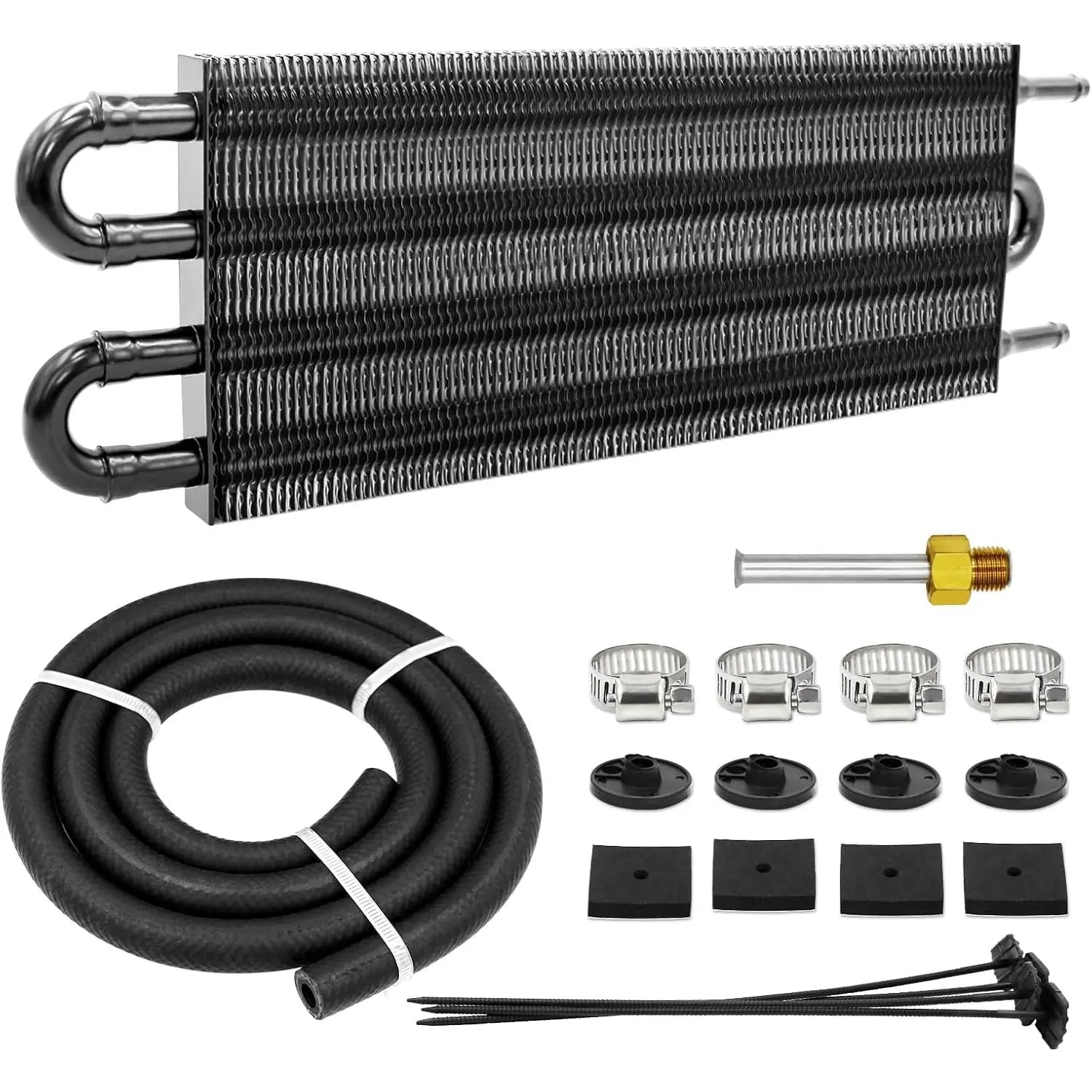 Universal 4-Pass Tube-and-Fin Transmission Cooler Kit, 5/16" Black Aluminum Oil Cooler