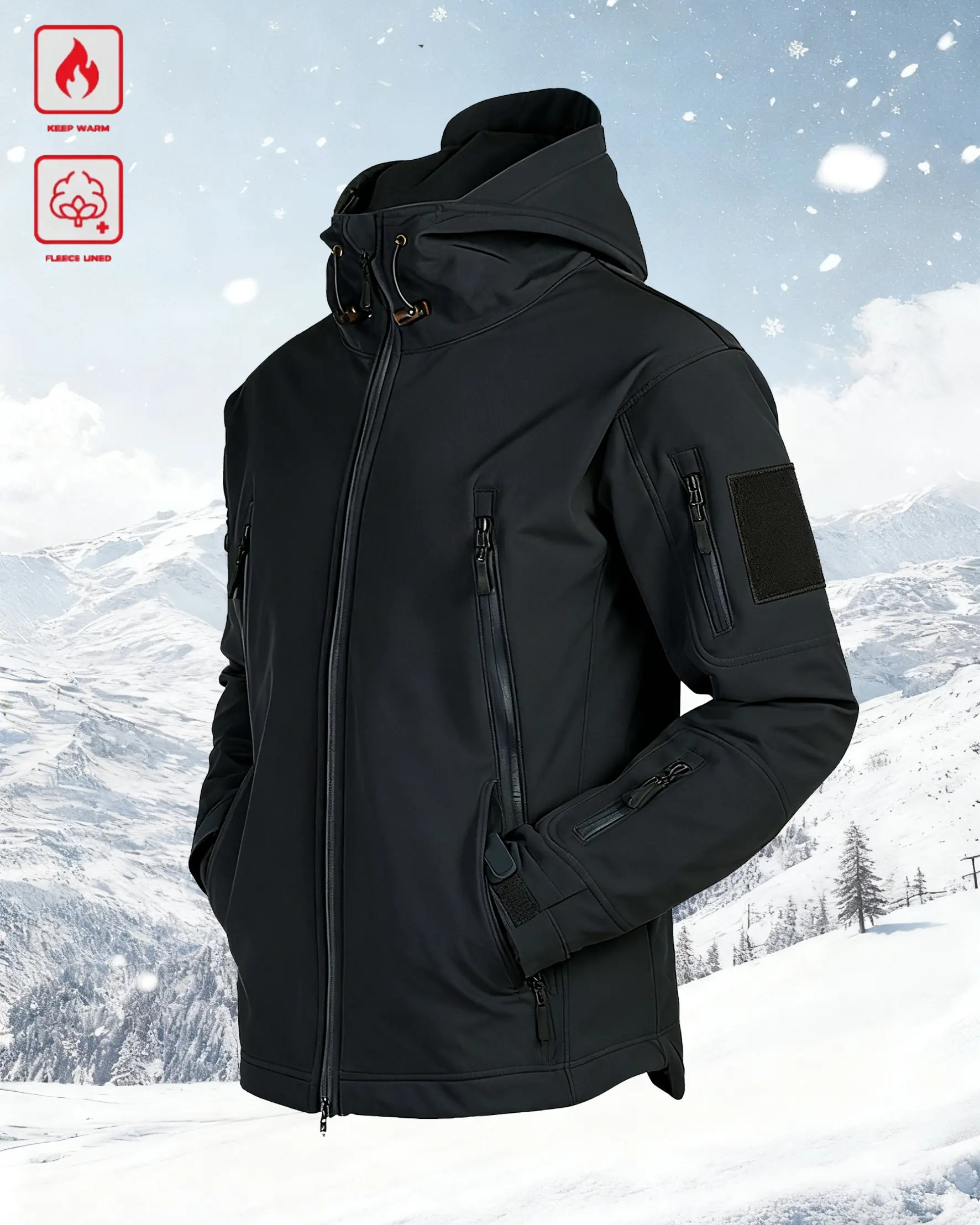 Outdoor Tactical Multi-Pocket Softshell Fleece Jacket for Men and Women Autumn Winter Windproof Waterproof Thick Warm Hooded Coat Sharkskin Mountaineering Softshell Jacket with Elastic Rope Design Suitable for Outdoor Sports Hiking Camping, Athletic Outer