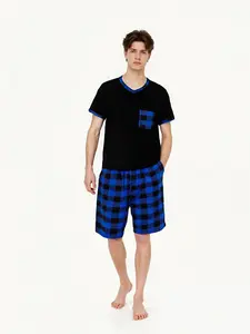 Men's V Neck Short Sleeve Plaid Pajama Set, Casual Loose-Fit Summer Sleepwear, Comfortable Home Clothes for Men