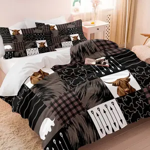 2/3pcs Highland Cow & Buffalo Plaid Patchwork Duvet Cover Set, Rustic Farmhouse Comforter Cover, Soft Microfiber Bedding Set (No Filler), Western Arrow Decor Bed Set for Teens & Country Bedroom