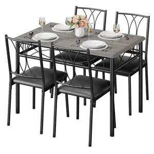 【GARVEE】Dining Table Set 5 Pieces for 4, Solid Metal Frame, Upholstered Chairs, MDF Top, Space Saving, Retro Gray, Small Spaces, Apartment
