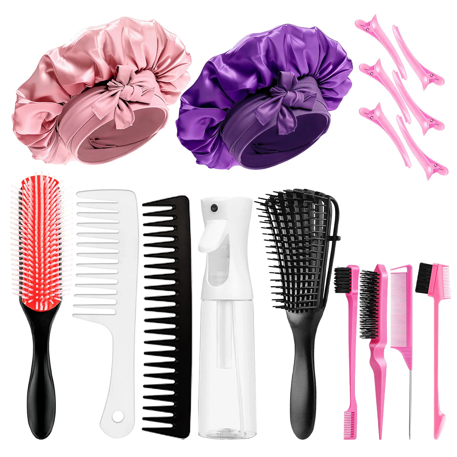 Pink Hair Brush Set 17 Counts Detangler Wide Tooth Comb Satin Bonnet Nylon Bristle Brush Edge Tool Kit for Curly Hair Styling,Haircare