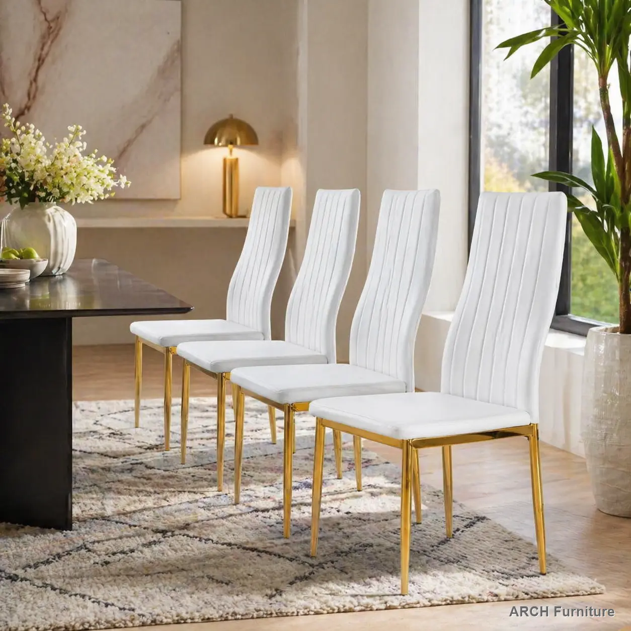 Indoor Arch 4-Seat Dining Room Chair Set, Golden Metal Frame, White Seats, Dining Room Chairs, 4-Seat Set