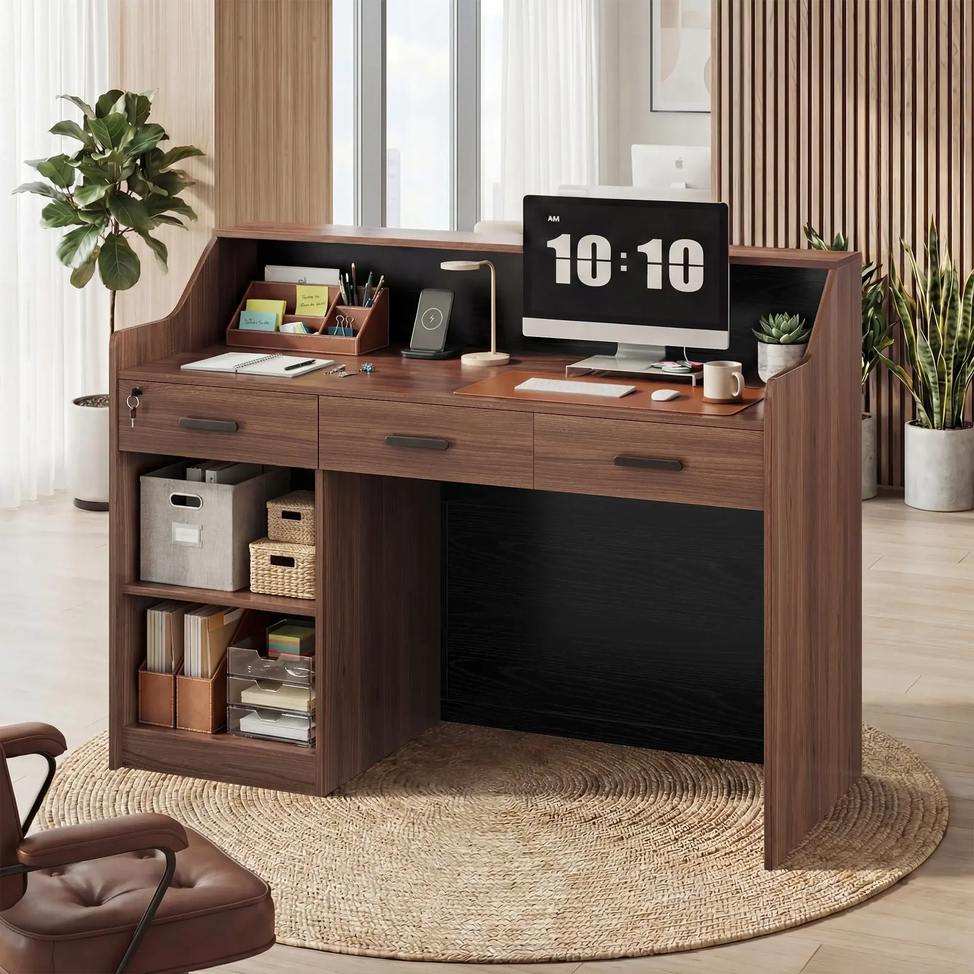SIKAIC 47" Reception Desk with Lockable Drawer, Modern Office Reception Counter Table Brown