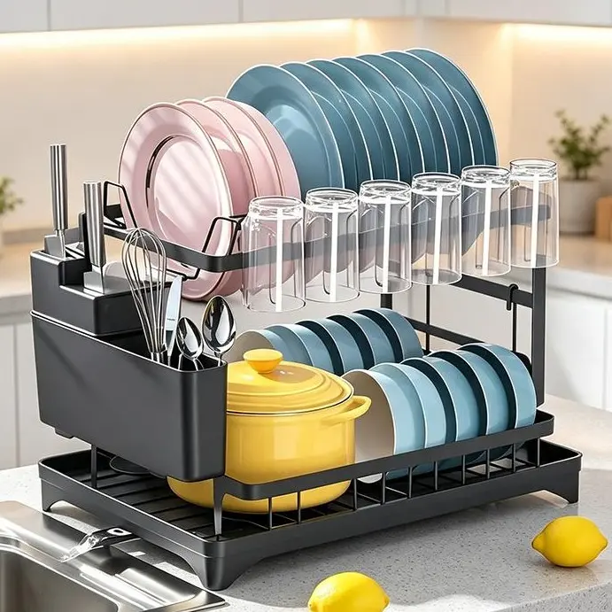 Stainless Steel 2-Layer Kitchen Drying Rack Organiser - Freestanding Countertop Home Supply with Detachable Large Capacity, Drain Box for Tableware, Knife+Cup Storage, Cutting Boards, Utensils, Durable Space-Saving, Easy Maintenance
