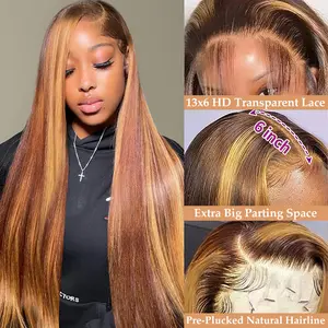 ITODAY 28 Inch  Ombre Lace Front Wig Human Hair Highlight 13x6 HD Transparent Straight Honey Blonde Lace Front Wigs Human Hair Pre Plucked 180% Density Glueless #P4/27 Colored Human Hair Wig for Women