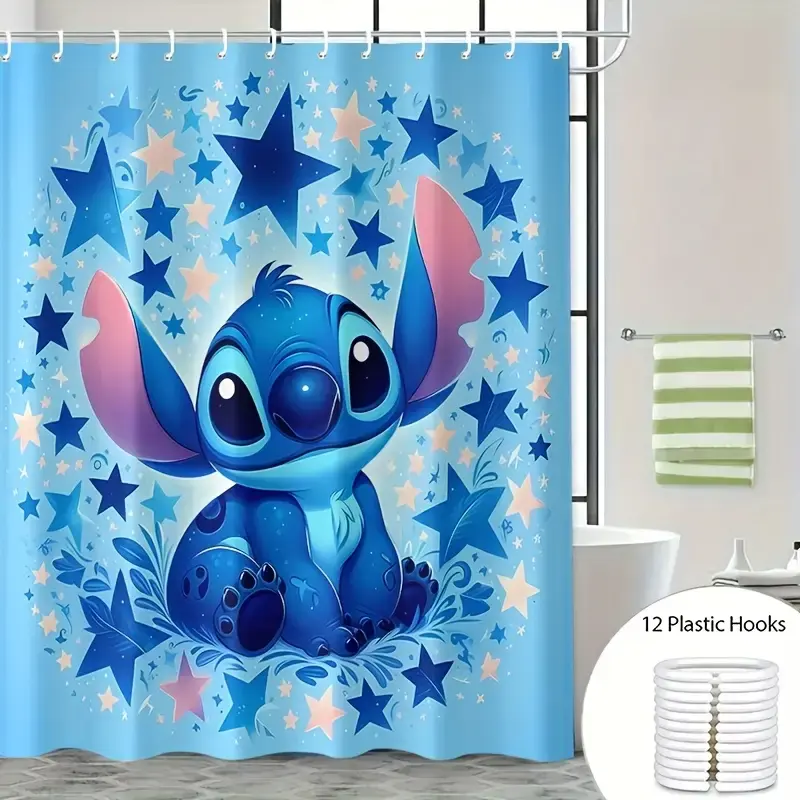 Disney Classic Stitch Cartoon Print Shower Curtain with 12 Easy-Install Hooks, Home Decor, Festive Bathroom Accessory, Ideal Housewarming Gift, Decoration
