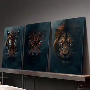 2D flat surface, three-piece wooden frame canvas decorative painting, flat glowing eyes jungle animal art, tiger, leopard, lion animal prints, animal portrait posters, interior home wall decoration art