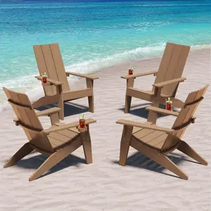 MXIMU Modern Adirondack Chairs Set of 4 Weather Resistant with Cup Holder Oversize Plastic Fire Pit Chairs Plastic Outdoor Chairs for Firepit Area Seating (Teak)
