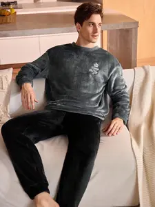 Men's Fleece Pajama Set, Fitted Round Neck Long Sleeve Pants, Comfortable Home Wear, Soft Fabric Sleepwear, Casual Loungewear for Men