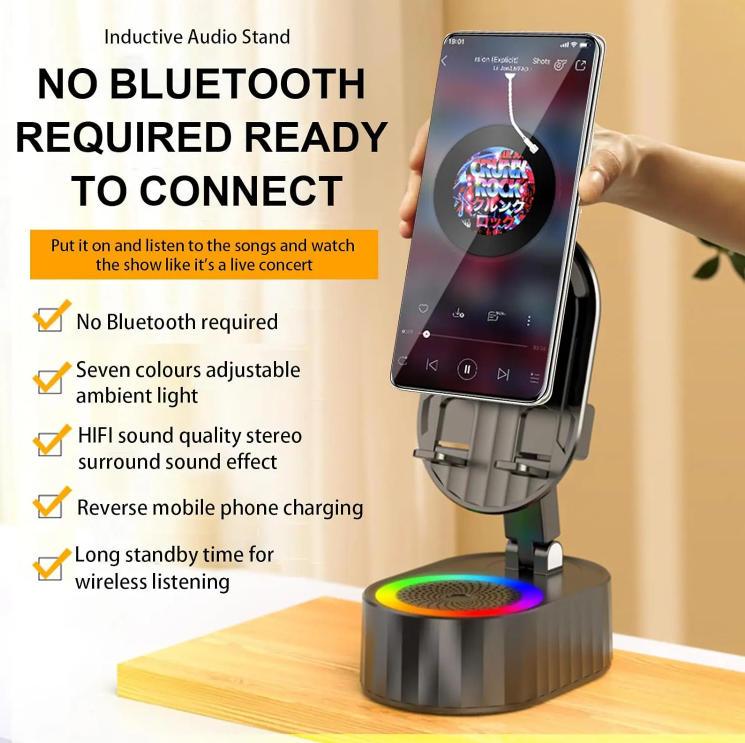 New Wireless Induction Audio Bluetooth Speaker 5in1 Cellphone Holder USB Emergency Rechargeable (3000mAh) Portable Power Mobile Tablet Stand with Colorful Ambient Light Gifts for Friend, Family