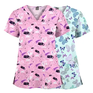 Scrubs Tops for Women Animal Print Stretchy Shirts V Neck Cartoon Pattern Short Sleeve Nursing Holiday Medical Uniform