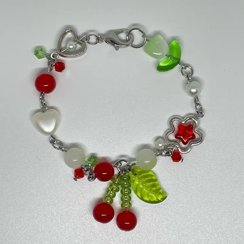 Handmade Cherry Bracelet with Heart and Leaf Charms Red Beads and Green Leaves Jewelry Accessory