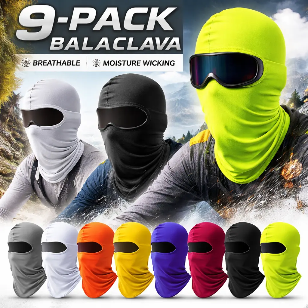 Unisex 9pcs Polyester UV Protection Balaclava - Elastic Stretch-Fit Full-Face Covering, Breathable Windproof Ski Mask, Outdoor Sports Gear for Biking/Fishing Adults, Mid-Year Sale