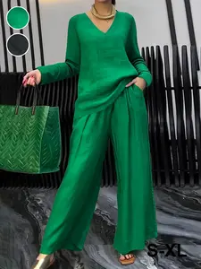 Women's Elegant Solid Color Two-Piece Set, V-Neck Long Sleeve Top and Pants, Casual All Season Wear, Comfortable Fashion Fabric
