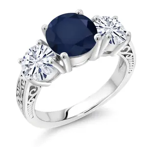 Gem Stone King 4.06 Cttw Blue Sapphire and White Moissanite Engagement Ring For Women | 925 Sterling Silver | Round 8MM | Gemstone September Birthstone