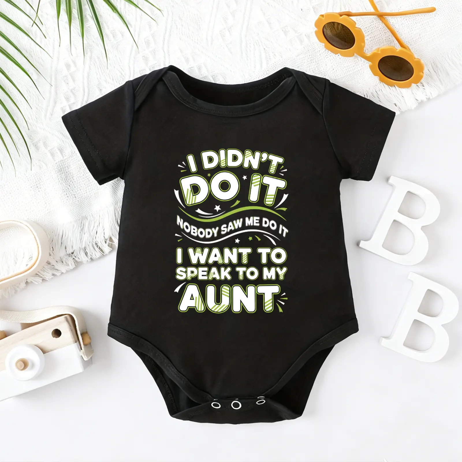 100% Cotton Baby Bodysuit - 2026 Cute Short Sleeve Tops with "I Didn't Do It" Printed Slogan for Aunt, Envelope Neck, Diaper Friendly, Family Gift for 0-2T Baby Boys/Girls, All-Season Infant Romper