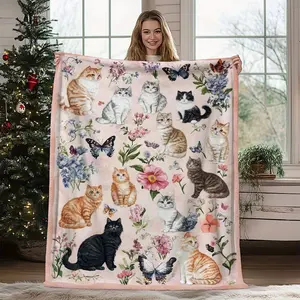 A Single Cozy And Soft Flannel Throw Blanket Featuring Adorable Cats And a Floral Pattern, Ideal for Use on a Couch, Sofa, Bed, Or in The Living Room. It'S Warm And Comfortable for Year-Round Use And Makes a Great Gift