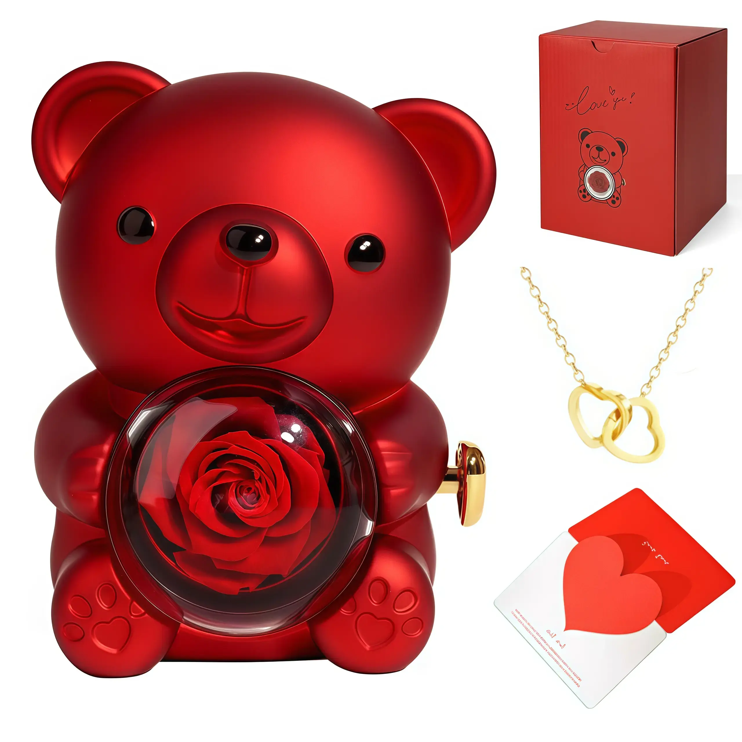 Romantic Gift for Girlfriend, Preserved Rose Bear Jewelry Box with Necklace, Cute Surprise Gift for Her Women, Aesthetic Bedroom Room Decor