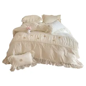 Korean-style Princess-style Pure Cotton Four-Piece Bedding Set with Girly Lace Trim 3D Floral Duvet Cover Luxurious Pink Comforter Hypoallergenic