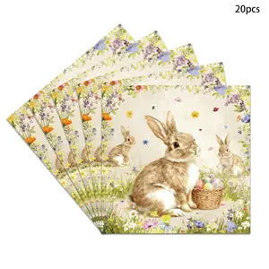 20 Pack Vintage Bunny and Egg Paper Napkins for Easter Party, Floral Picnic Decor for Spring Gatherings, Perfect Holiday Gift and Home Decoration, Flowers