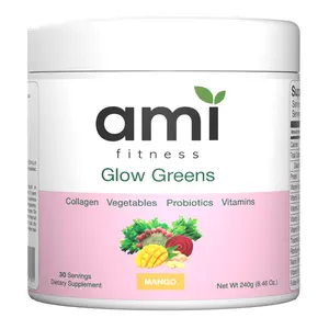 Ami Fitness Glow Greens Powder, Collagen with Probiotics, Vitamins, Digestive Enzymes, Superfoods, Gut Health, Bloating Relief, Radiant Skin, Natural Glow, Spirulina, 30 SVG, Mango