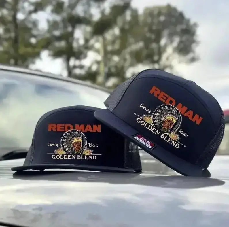 Red Man Golden Blend Trucker Hat | Vintage Toba@@o Logo 7 Panel Mesh Snapback | Flat Bill Outdoor Cap | Gift for Him