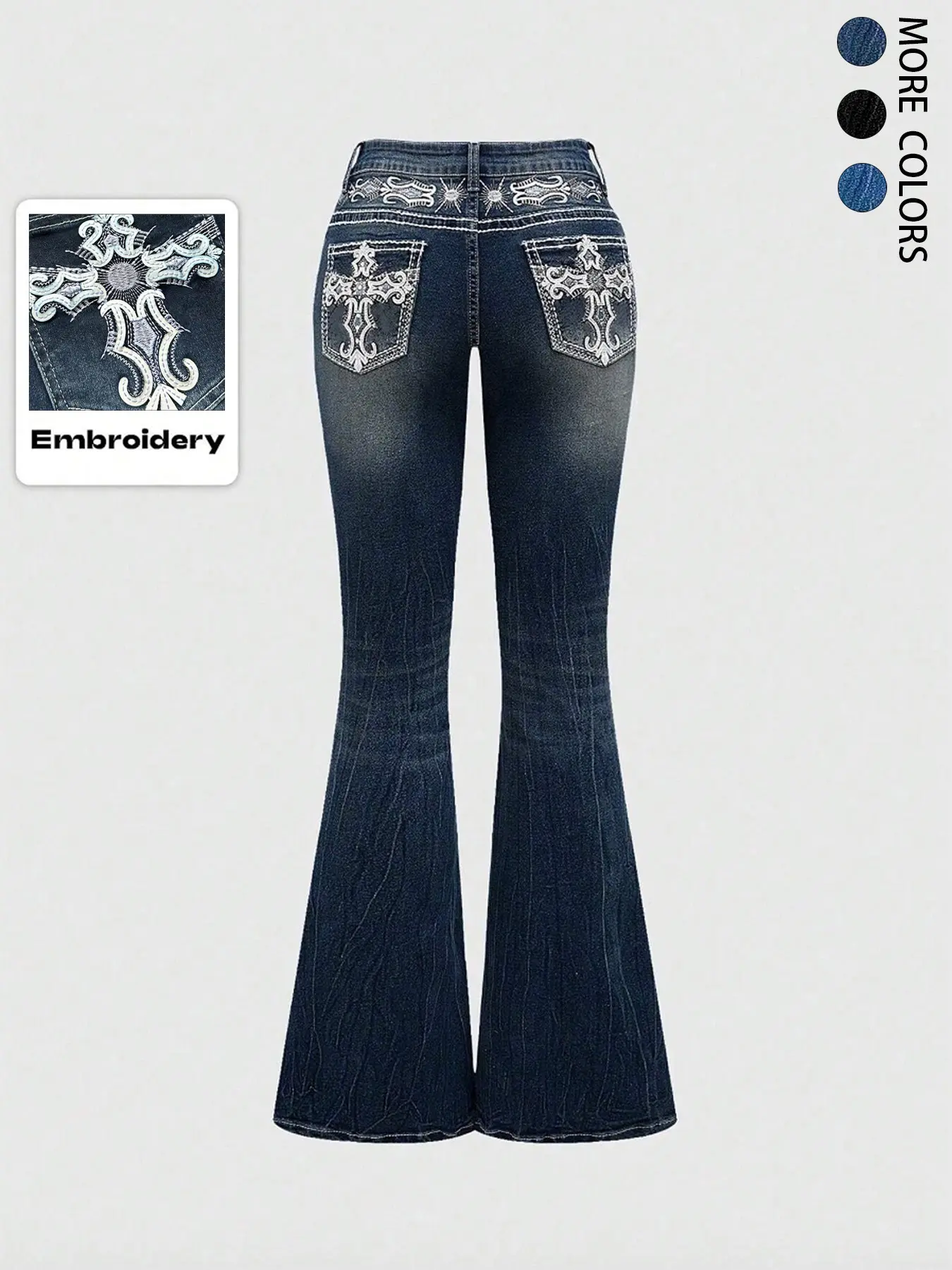 Grunge Punk Y2K Retro Pocket Cross Embroidered Flare Leg Fitted Stretch Jeans for Women