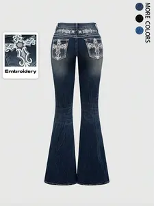 Grunge Punk Y2K Retro Poket Cross Wings Embroidered Flare Leg Fitted Stretch Jeans For Women Embroidery