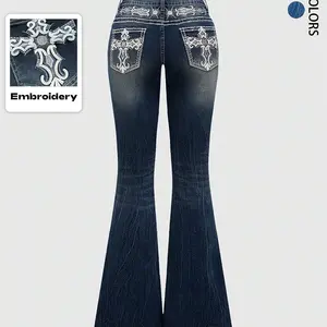 Y2K retro pocket cross wing embroidered flared leg women's stretch jeans, open top jeans